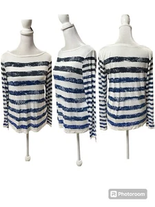 Ann Taylor LOFT White with Blue Distressed Stripes Long Sleeve Tee Size Medium - Picture 1 of 11