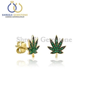 Small Pavé Emerald Pot Leaf Stud Earrings 14k Solid Gold Jewelry Gift For Mother - Picture 1 of 4