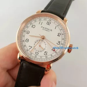 Neu 42 mm rosa goldenes Gehäuse PARNIS weißes Zifferblatt Datum GMT Automatik Herrenuhr 2996 - Bild 1 von 5