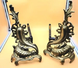 Vintage French Louis XV Rococo Ornate Bronze/Brass Fireplace Andirons - Picture 1 of 8