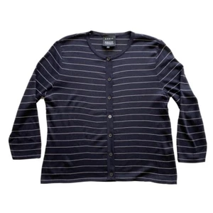$695 Akris Bergdorf Goodman Navy White Stripe Silk Lightweight Cardigan Sz 10 - Picture 1 of 6
