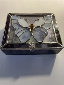 Stained Glass Deep Purple W/Lilac Butterfly Square Hinged Mirrored Trinket Box - Picture 1 of 8