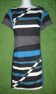 Derek Lam Teal Blue Black White Geo Linen Cotton Shift Work Dress 14 $100 MISC - Picture 1 of 4