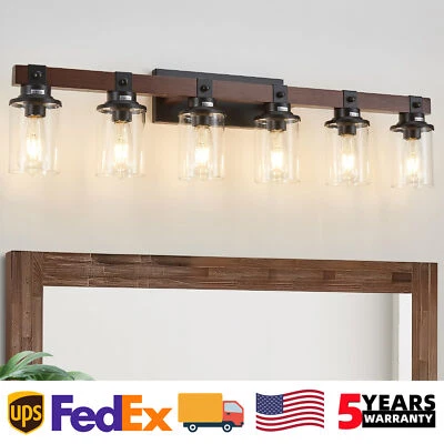 6 Lights 42'' Vanity Light Farmhouse Wood Black for Bathroom Mirror Wall Fixture - Image 1 of 4