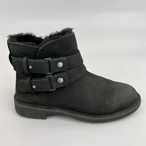 Ugg Aliso Black Leather Ankle Pull On Buckle Biker Sheepskin Bootie Boots UK3.5 - Picture 1 of 15