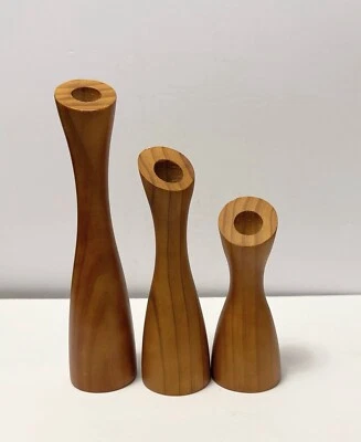 Vintage 3 Carved Wooden Taper Candle Holders 3 Sizes - Image 1 of 4