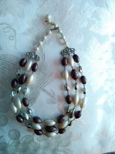 16” Vintage MCM Gold Tone Brown Faux Pearl Triple Strand Choker Necklace 50s-60s - Picture 1 of 4
