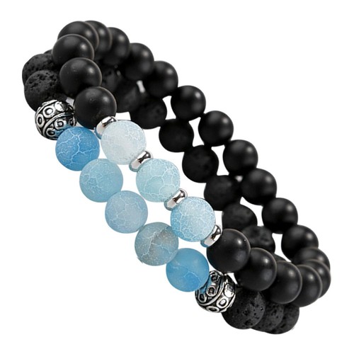 Set 2 Pezzi Bracciale Pietra Blu Ghiaccio Uomo Miss Set Naturale Perline San Valentino