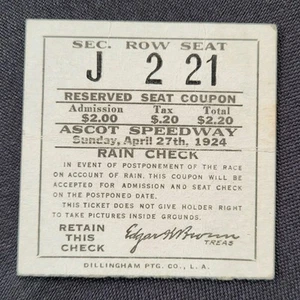 1924 Ascot Speedway reserviertes Ticket Stub, Ralph DePalma gewinnt - Bild 1 von 2