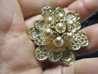 Vintage Napier Pin Brooch Flower Gold Tone, Many Clear Rhinestones Faux Pearls