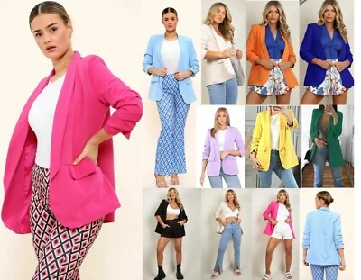 Womens Ruched Sleeve Fully Lined Blazer Collared Casual Formal Jacket Top UK - Image 1 of 2