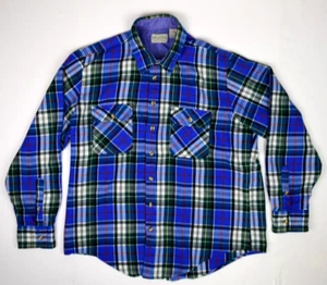 Vintage Plaid Flannel Shirt Men's Store L/G 70s Blue Black Ivory Cobain Special - Picture 1 of 10