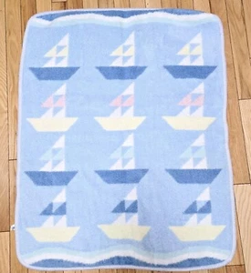 Santonja Vintage Sailboat Baby Reversible Blanket Spain Nautical Pastel 80s - Picture 1 of 5