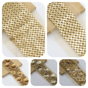 FCL 1 M Metallic Gold Sequence and Embroidery Trim Lace Saree Dupatta Border - Picture 1 of 35