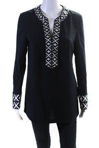 Tory Burch Womens Embroider Texture Geometric Long Sleeve Tunic Top Navy Size 12