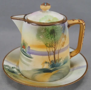 Nippon Morimura Hand Painted Cottage Landscape & Raised Enamel Syrup Pitcher - Picture 1 of 10