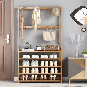 5 Tiers Vintage Wooden Shoe Rack Storage Organizer Hat Coat Stand Hanger Shelves - Picture 1 of 12