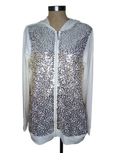Quacker Factory Hoodie Sweater Womens Sz M Zip Front White Silver+Gold Sequins - Picture 1 of 9