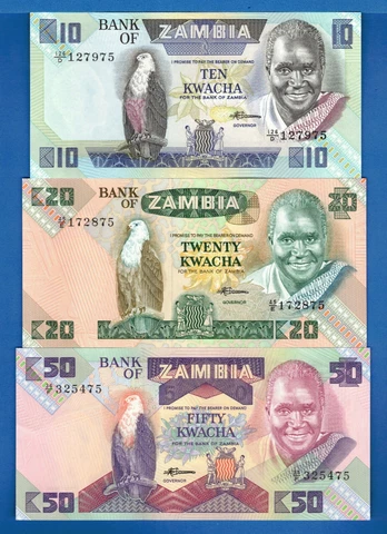 Zambia P-26, P-27, P-28 10,20,50 Kwacha Uncirculated Banknotes SET-3 Cover