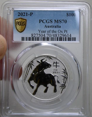 2021 Australia 1 oz. $100 PLATINUM PCGS MS 70 ~ LUNAR YEAR OF THE OX - SERIES 3 - Image 1 of 4