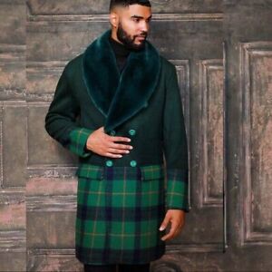 Men's Fashion Green Solid Plaid Faux Fur Double Breasted Coat