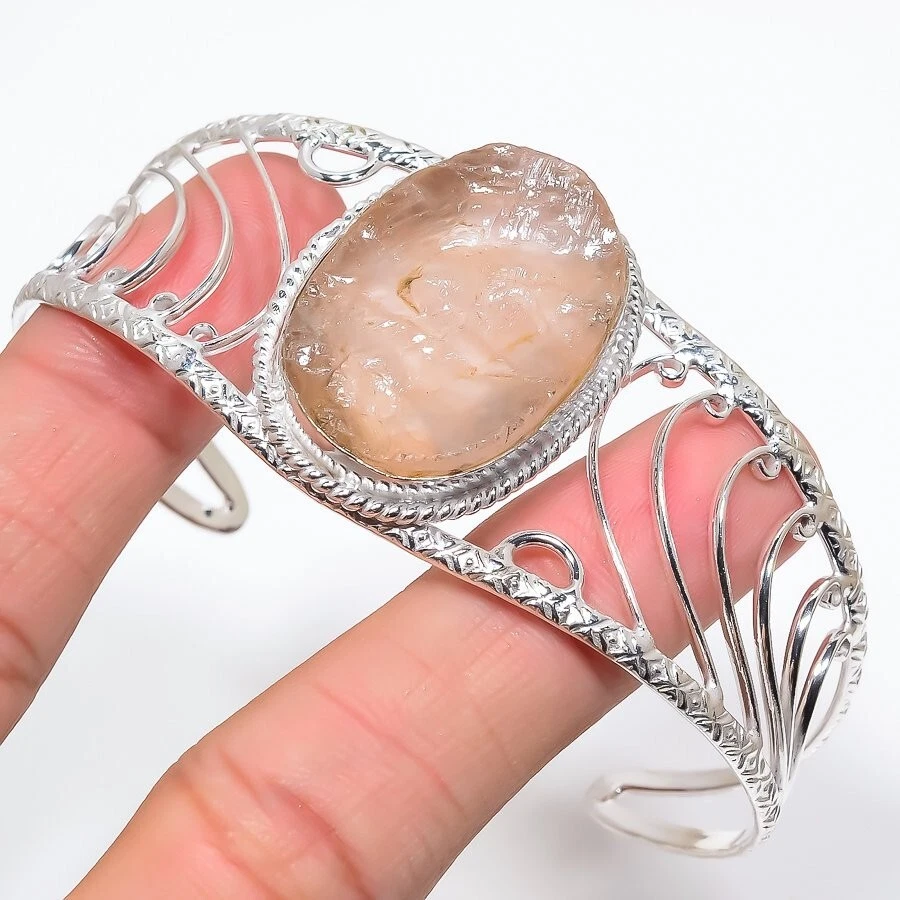 Brazalete ajustable para joyería de plata de ley 925 con piedras preciosas de cuarzo rosa áspero Foto 1 de 1