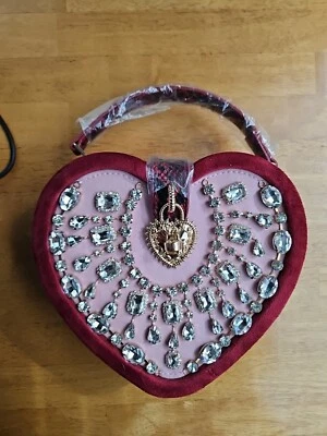 Bolso Cartera Rojo Rosa Terciopelo Cierre Corazón Cristal Adornado Asa Serpiente Foto 1 de 4