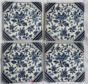Victorian Fire Tiles Four Blue & White 15cm Thick Majolica Glazed Collector - Picture 1 of 4