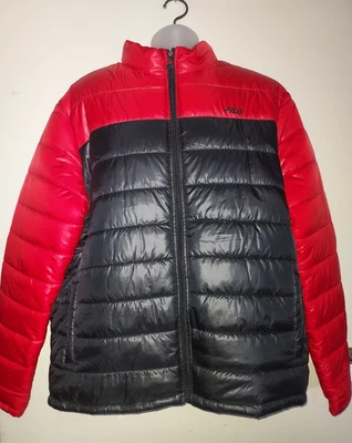 Fila Men's Puffer Jacket XXL Vintage 90s Full Zip Hidden Hood Pockets Black Red - Image 1 of 4