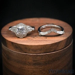 Solid 14K White Gold Moissanite Bridal Set Engagement Ring 2.45 Carat Round Cut - Picture 1 of 12