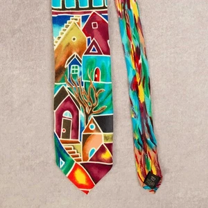 Vintage 1980s Neighbourhood Print Silk Tie Blue Habitat For Humanity - Picture 1 of 5