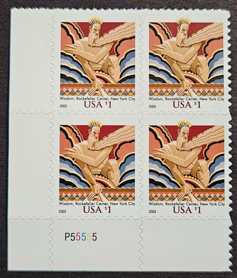 US Scott # 3766 - Wisdom Rockefeller Center - Plate Block of 4 Stamps - MNH - Image 1 of 1