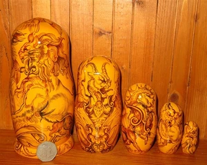 DEMONS BEASTS Mythical Creatures Matryoshka Russian 5 Nesting dolls signed GIFT - Picture 1 of 12