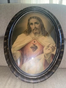 ANTIKER HOLZ BILDERRAHMEN KONVEX GLAS JESUS WANDBEHANG ~ 23”T X 17”W - Bild 1 von 13