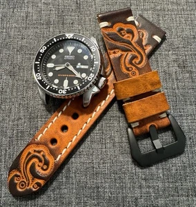 Premium tanned leather / Tropic pattern watch strap / Brown Black / 20/22/24 - Picture 1 of 8