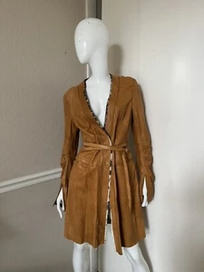 ROBERTO CAVALLI 2003 VINTAGE! Tan Brown Leather Duster Coat w/ Leopard Lining M - Picture 1 of 14