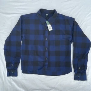 Wild Fable Women's Long Sleeve Cropped Plaid Button Down Navy/Black Size Medium - Picture 1 of 10
