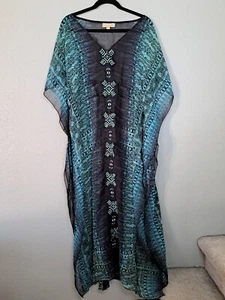 Staring at Stars Sheer Large Maxi Cover-up Blue/Green Embroidered Boho Floaty - Picture 1 of 14
