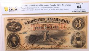 1857 $3., Western Exchange., Omaha City, Nebraska., PCGS CU-64., Store #GNE001 - Picture 1 of 2