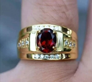 2 Ct Oval Lab Created Red Garnet 14K Yellow Gold Plated Men's Wedding Band Ring - Picture 1 of 7