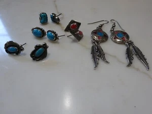 5 PAIRS STERLING SILVER TURQUOISE CORAL EARRINGS LOT NO BACK POSTS - Picture 1 of 12