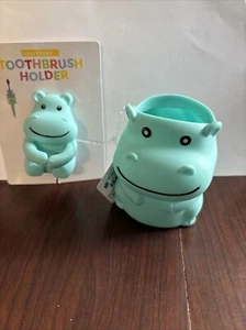 Set Of 2 Toothpaste And Toothbrush Holders Cute Teal Hippo Cup & Suction Attach - Picture 1 of 4