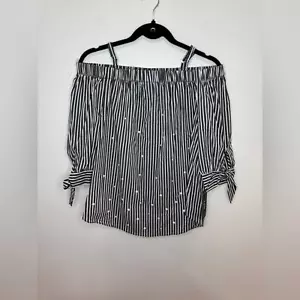 NWT MD A. Byers Navy Blue and White Off the Shoulder Pearl top. - Picture 1 of 9