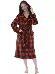 Womens Fleece Hooded Robe Plush Warm Red Buffalo Plaid Bathrobe Bath Robe Hood - Picture 1 of 8