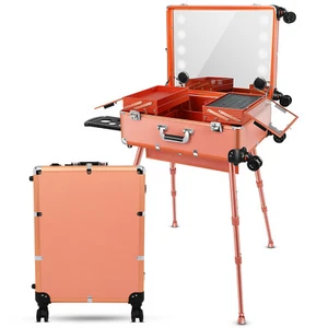 Rolling Cosmetic Case 24'' 8 Led Makeup Train Case with Mirror Stand (Rose Gold) - Picture 1 of 8