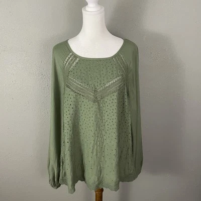 Lucky Brand Blouse Size L Green Eyelet Popover Long Sleeve Elastic Cuffs Top - Image 1 of 4