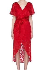Alice + Olivia Dress Red Size 0 MIDI Darva Flora Velvet Wrap High -Low Hem - Picture 1 of 20