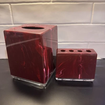 Vintage Burgundy Marble Plastic TISSUE BOX Dispenser Cover & Toothbrush Holder - Image 1 of 4