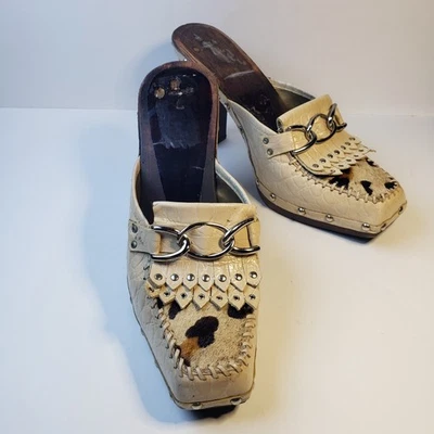 Sapatos femininos BCBGeneration sola de madeira tamanho 7.5B couro bege cabelo de bezerro mulas Y2K - Imagem 1 de 4