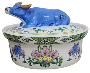 Vintage Chinese Ceramic Blue Water Buffalo Ox Covered Casserole Tureen Pottery - Picture 1 of 10